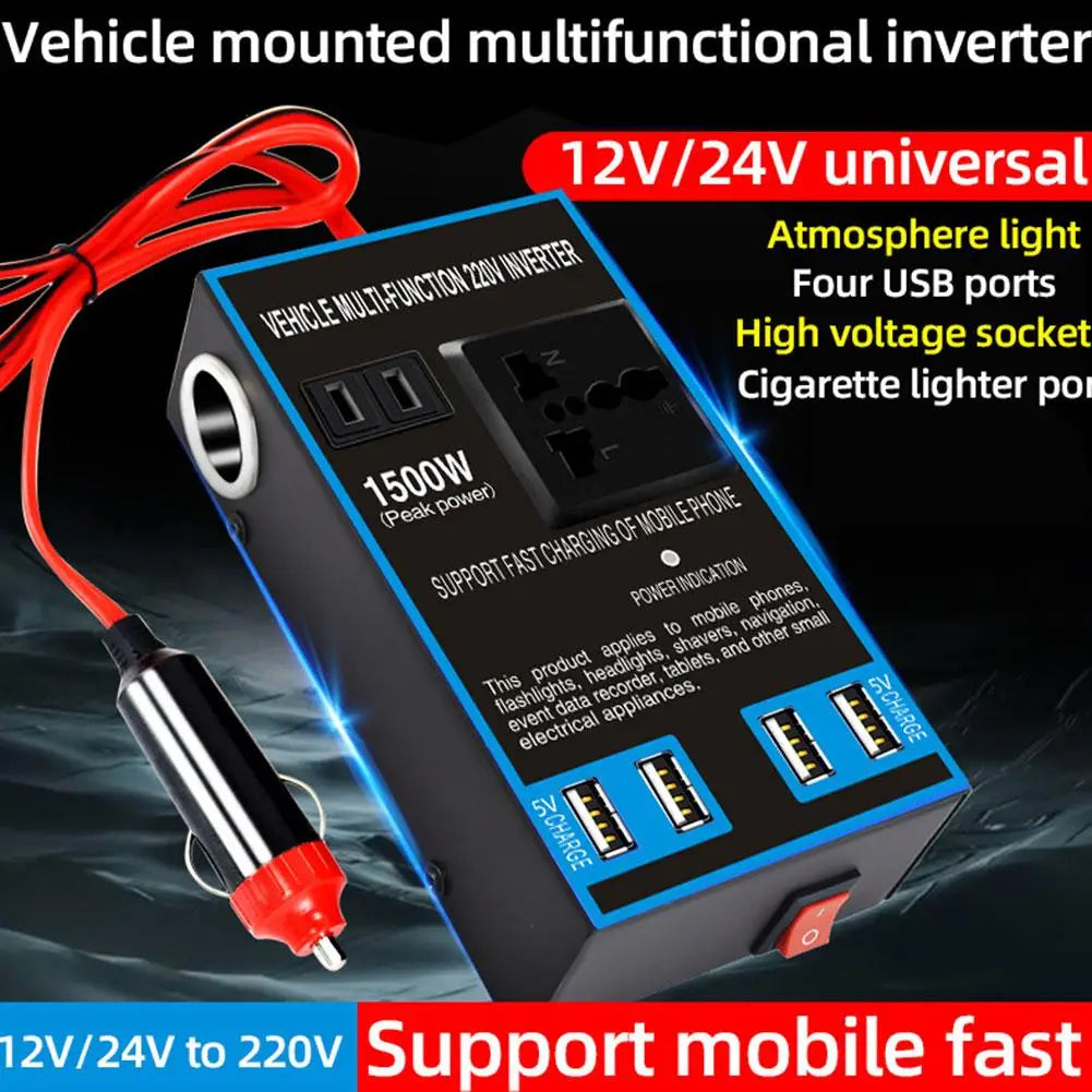 1500W Car Power Inverter 12V/24V to 110V/220V + 4 USB Ports