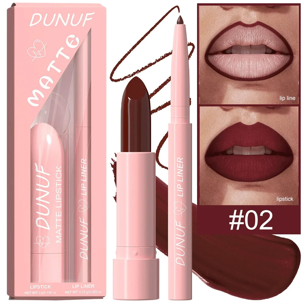 DUNUF 12-Color Matte Lipstick & Lip Liner Set – Waterproof