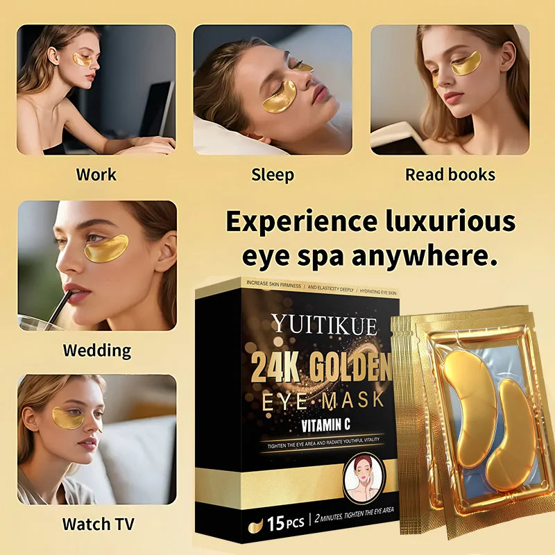 YUITIKUE 24K Golden Eye Mask | Vitamin C Infused | 2-Minute Eye Area Tightening & Hydrating Treatment | 15 Pcs Peaceful Pleasures Health and Wellness