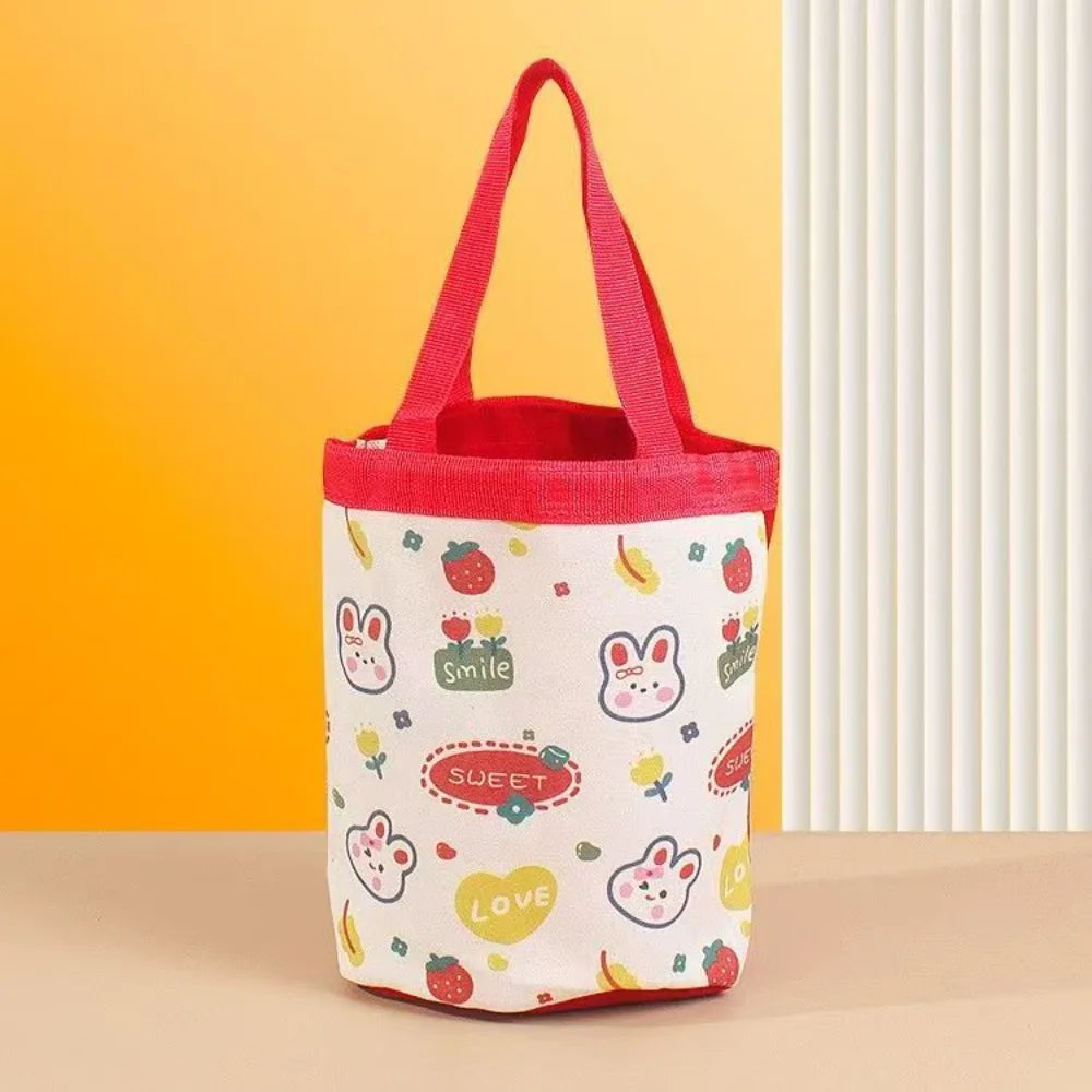 Bucket Bag Portable Cute Animal Pattern Graffiti Handbag Cartoon Print Cylindrical Bag Canvas Bento Bag Handheld Lunch Box Bag Peaceful Pleasures Health and Wellness red