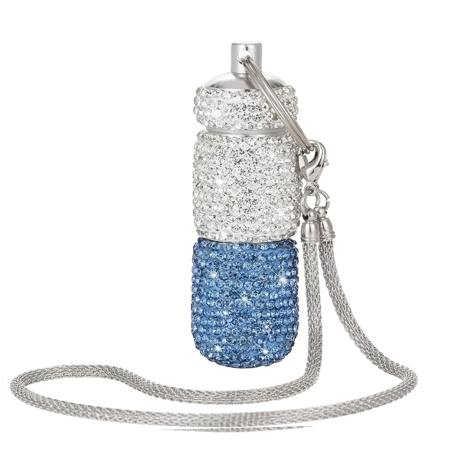 Bling Keychain Pill Box 2 Compartments Small Travel Pill Case Organizer Crystal Diamond Medicine Bottle Pill Bottle Keychain Peaceful Pleasures Health and Wellness Blue-Keychain