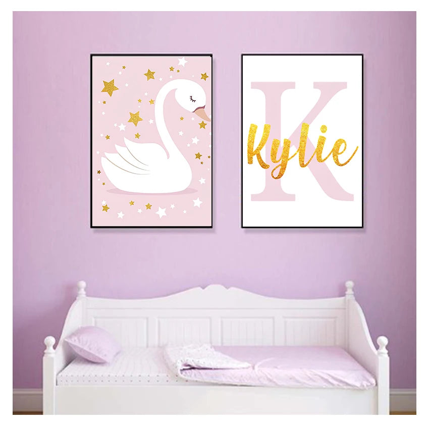 Pink Swan Nursery Canvas Wall Art | Custom Name Baby Girl Decor