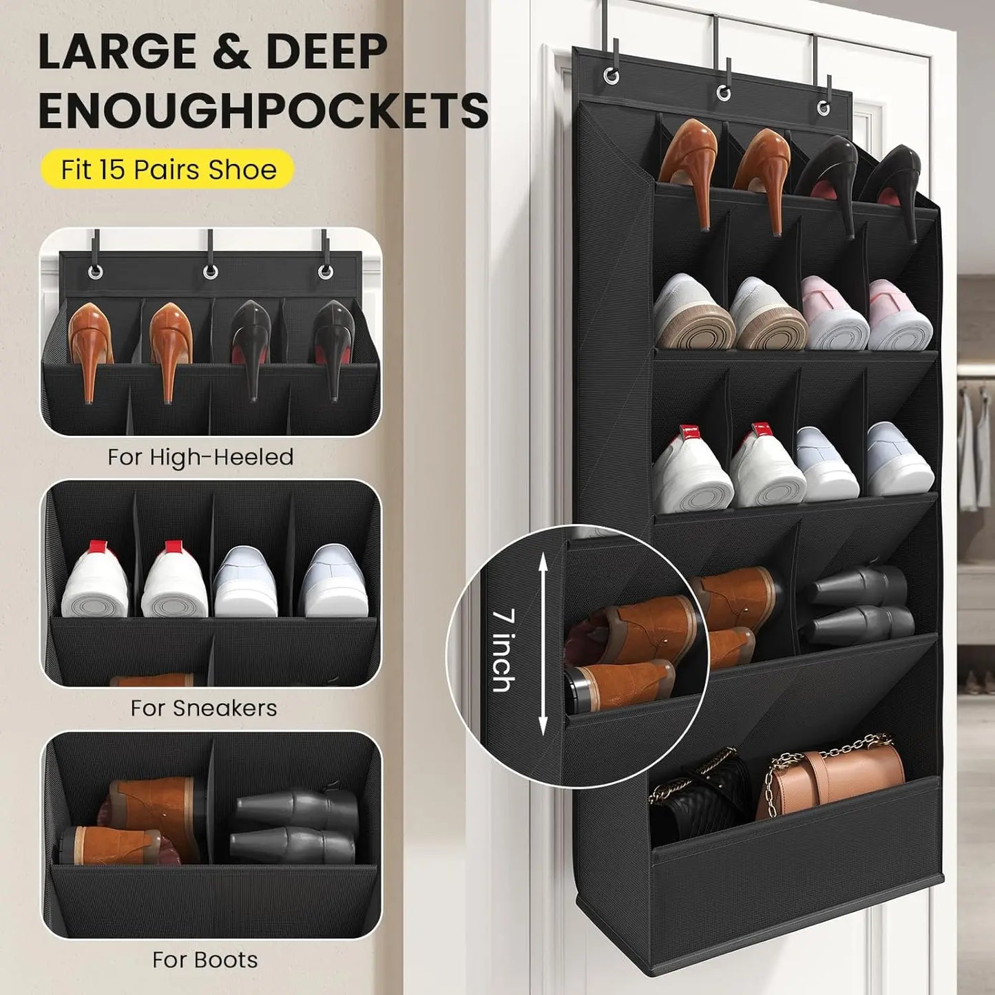 Black shoe organizer with various compartments for high-heeled shoes, sneakers, and boots, labeled 'Large & Deep Enough Pockets' to fit 15 pairs of shoes.
