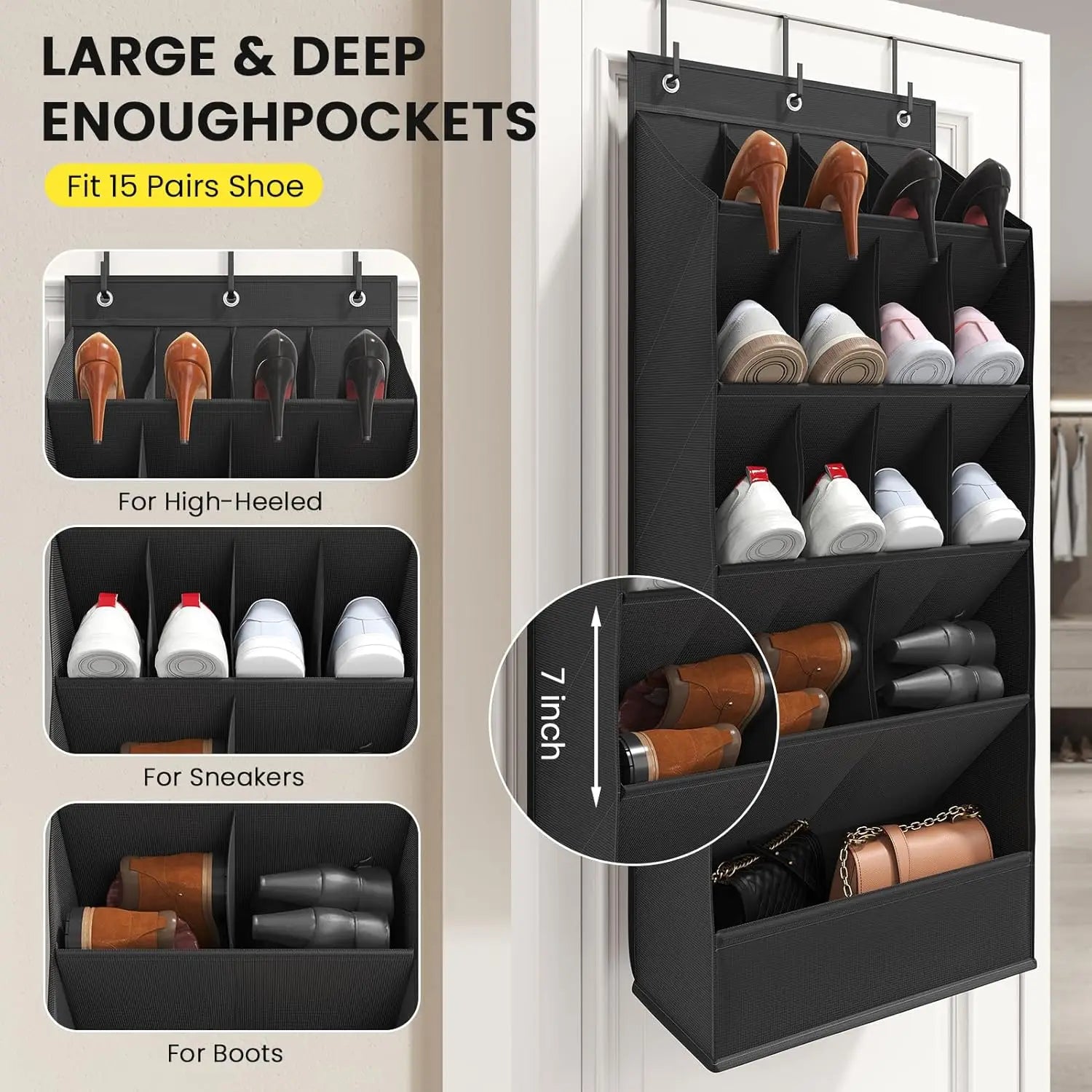 Black shoe organizer with various compartments for high-heeled shoes, sneakers, and boots, labeled 'Large & Deep Enough Pockets' to fit 15 pairs of shoes.