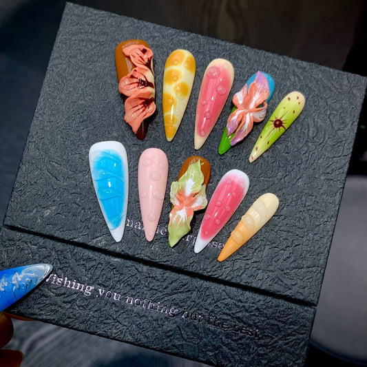 10pcs Handmade Press on Nails Summer 3D Tropical Flower Fake Nails Wearable Detachable Colorful Long Pointed False Nail Tips Peaceful Pleasures Health and Wellness