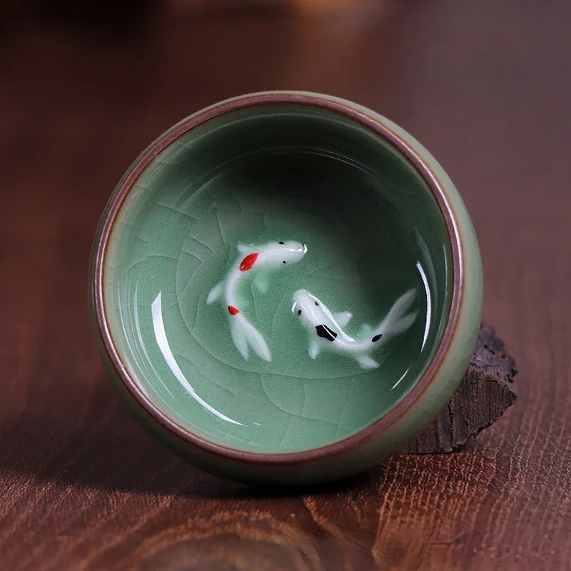 60ml Crackle Golden Fish Celadon Porcelain Teacups Delicate Longquan Tea Cup Bowl Kungfu Serviceable Chinese Tea Cup Tea Making Peaceful Pleasures Health and Wellness B