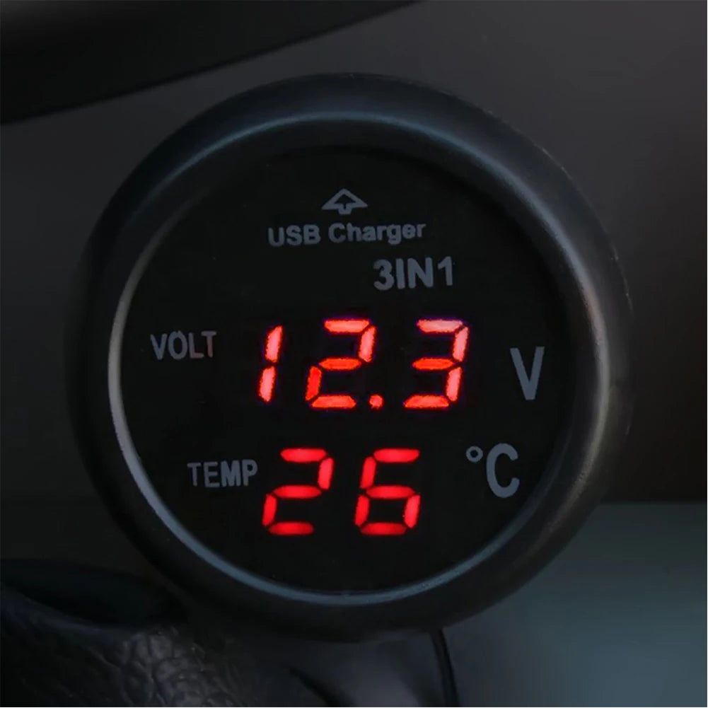3 in 1 12V/24V Digital LED Car Cigarette Lighter Voltmeter Thermometer Car Truck USB Charger Voltage Current Temperature Meter Peaceful Pleasures Health and Wellness