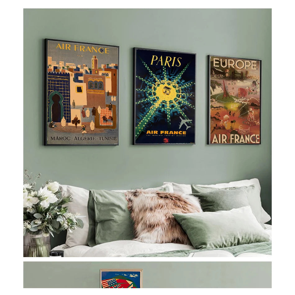 France & Japan Vintage Travel Canvas Poster | Unframed Wall Art