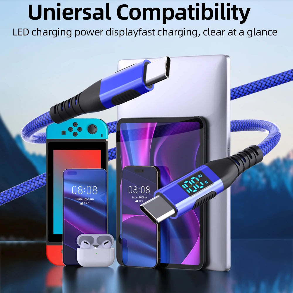 100W USB-C Fast Charging Cable with LED Display | 1M 2M 3M Peaceful Pleasures Health and Wellness