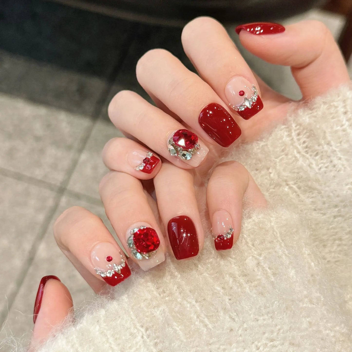 Red Crystal French Press-On Nails | Short Korean Style 10pcs