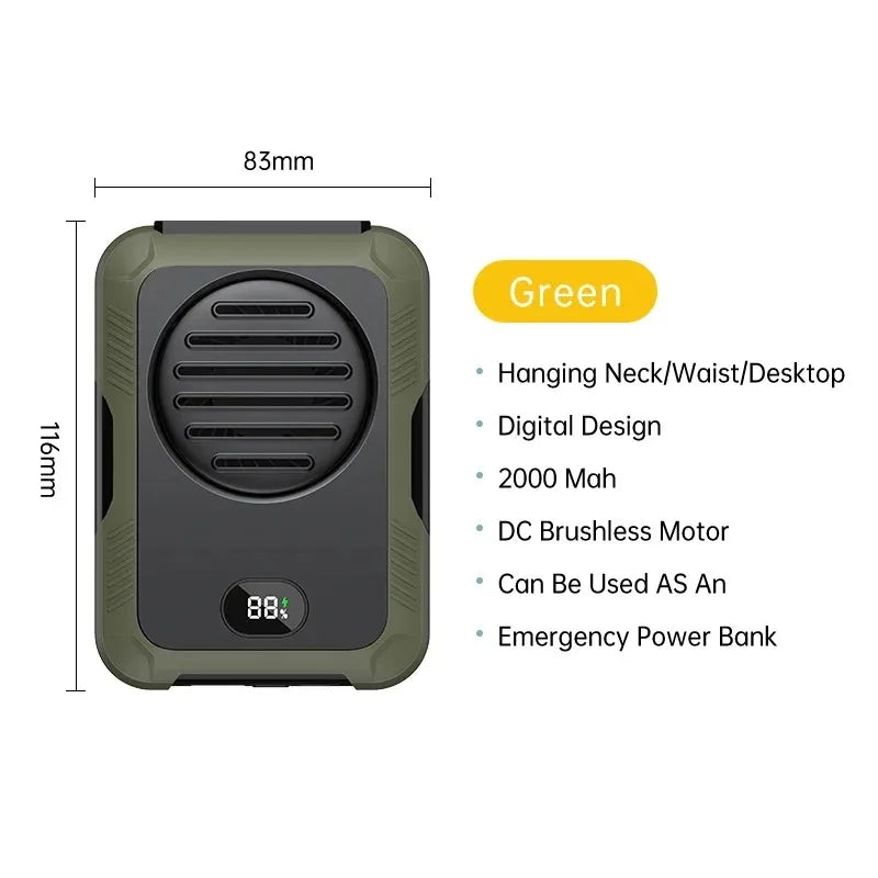 Rechargeable Bladeless Portable Neck Waist Fan 3-Speed with 2000mAh Power Bank LED Display USB for Outdoor Sports Working Peaceful Pleasures Health and Wellness green