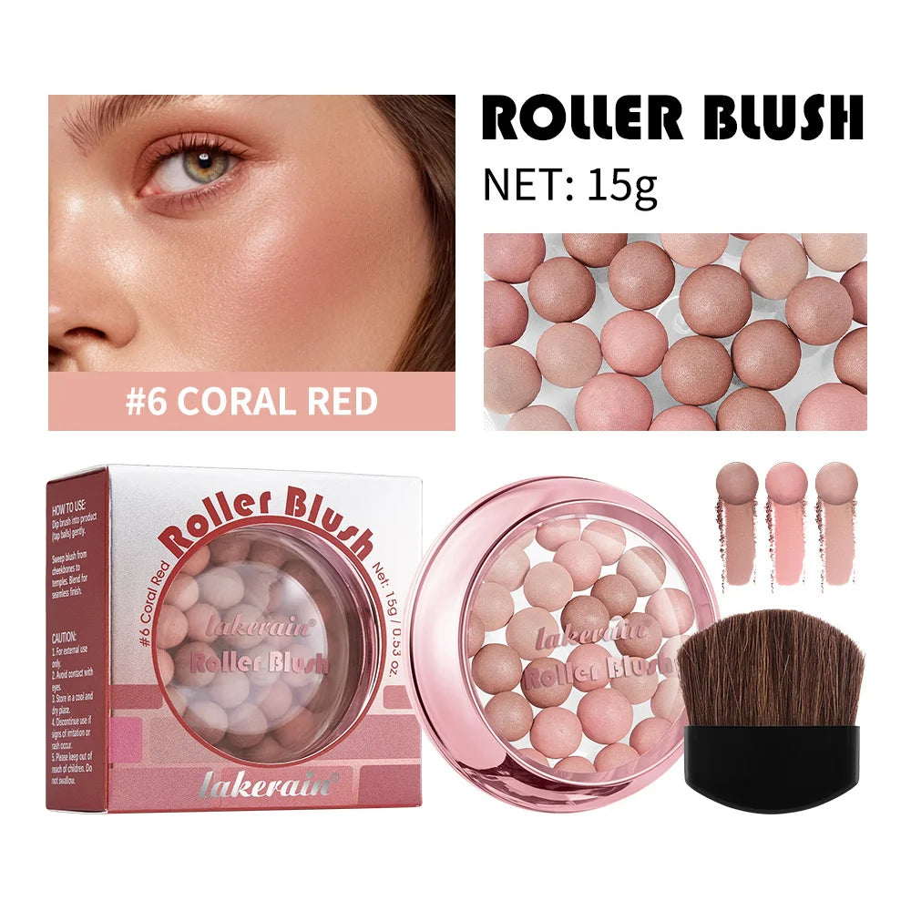 Spherical Roller Blush With Brush Natural Makeup Long Lasting Pearlescent Cosmetics For Women Face Contour Blusher Peaceful Pleasures Health and Wellness 6Coral Red