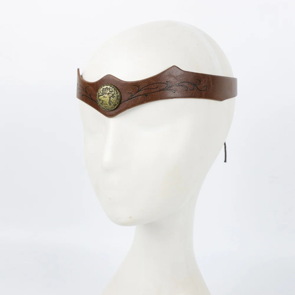 Viking Deer Medallion Leather Headband Medieval Tree Pattern