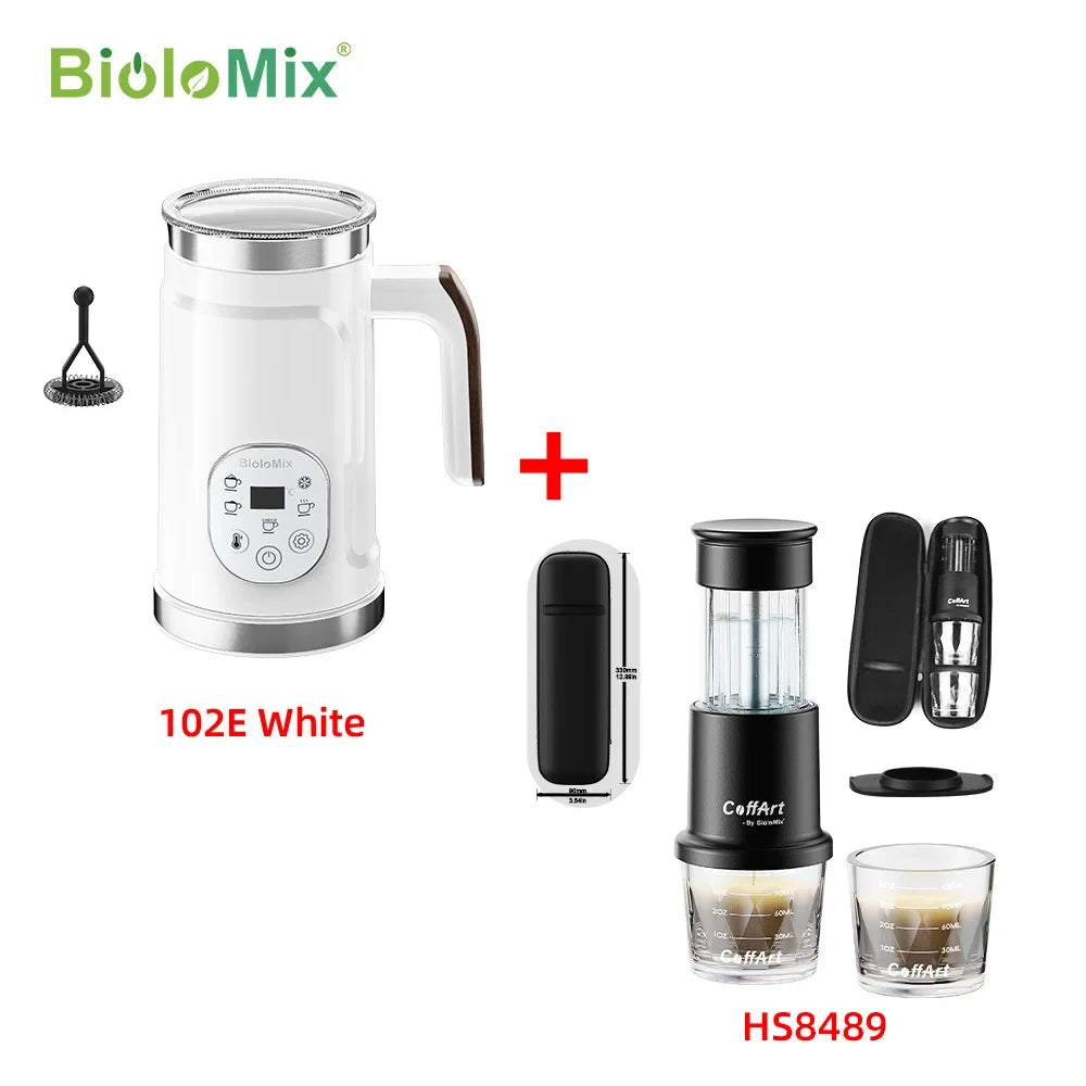 BioloMix kitchen appliance set with a white appliance and black coffee maker on a white background.
