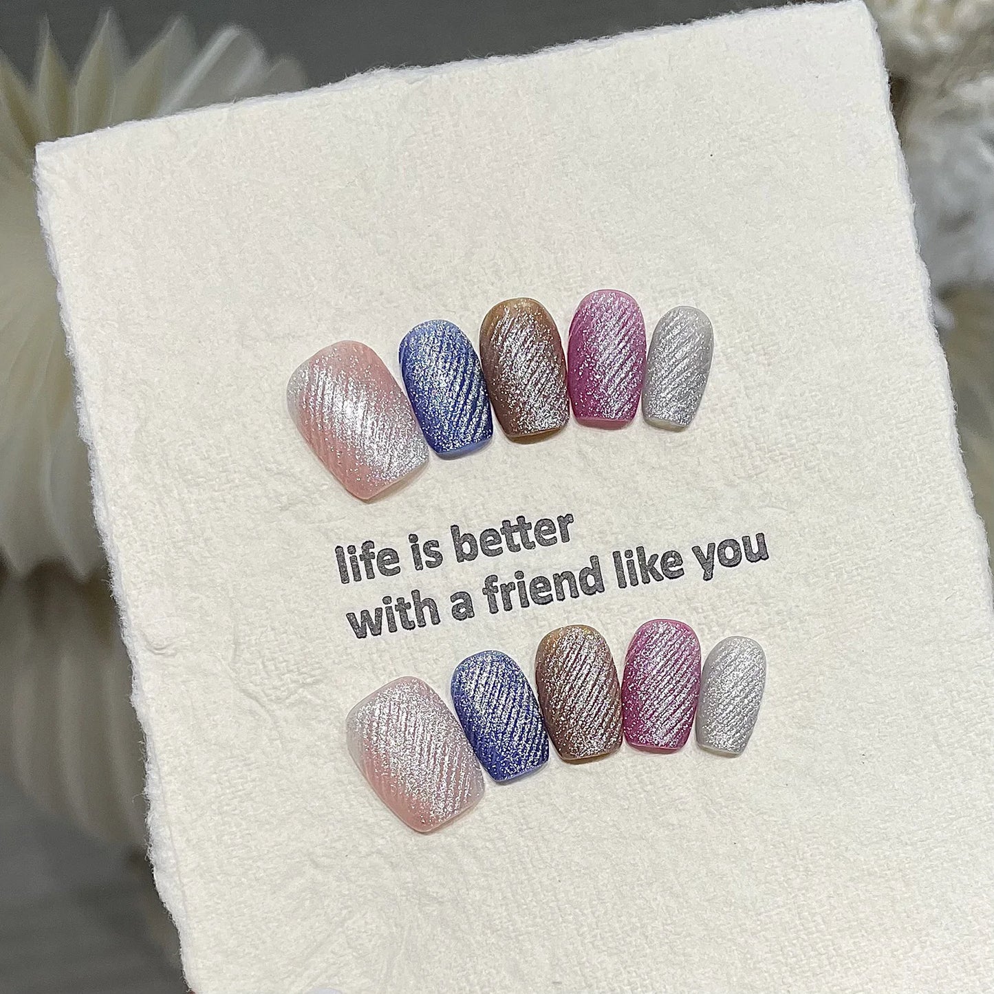 10pcs Velvet Cat Eyes Short Handmade Fake Nails Press On Nails With Gradient Shimmer Design Wearable Colorful Glitter False Nail Peaceful Pleasures Health and Wellness