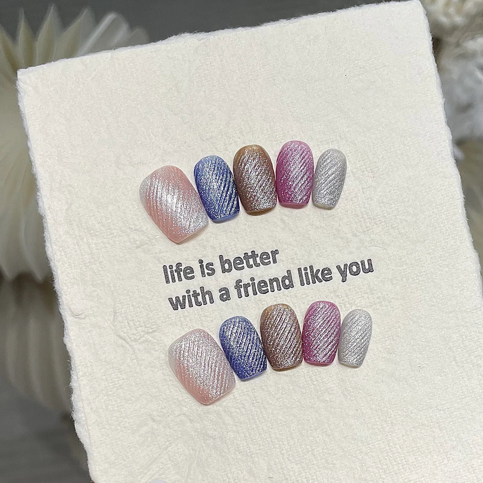 10pcs Velvet Cat Eyes Short Handmade Fake Nails Press On Nails With Gradient Shimmer Design Wearable Colorful Glitter False Nail Peaceful Pleasures Health and Wellness