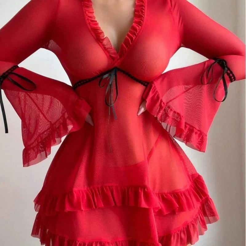 Printed Mesh Sheer Long-Sleeve Backless Mini Dress Set
