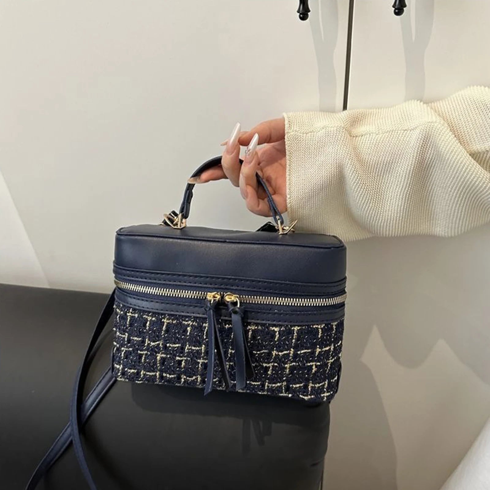 Woolen Material Small Square Bag With Chain Strap For Women Stylish Plaid Design Handbag Peaceful Pleasures Health and Wellness