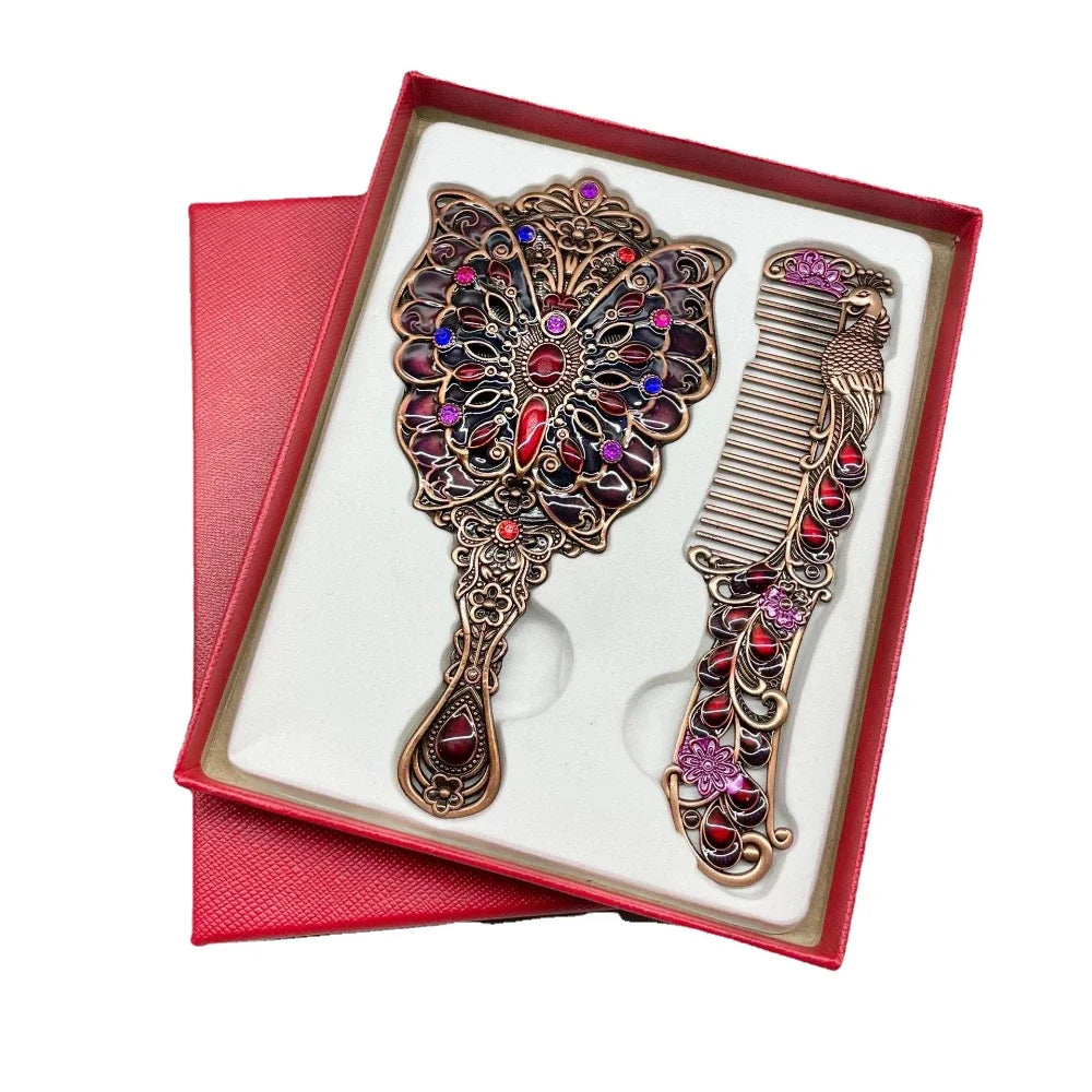 Creative Retro Peacock Open Screen Small Mirror Handle Metal Makeup Mirror Portable Mirror Comb Set Holiday Gift Makeup Mirror Peaceful Pleasures Health and Wellness