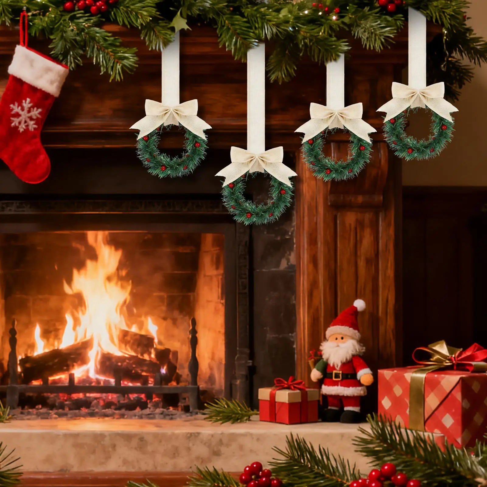 Christmas Wreath Outdoor 4-Piece Artificial Garland Christmas Red Berry Bow Tree Decorations For Indoor Outdoor Home Kitchen Peaceful Pleasures Health and Wellness