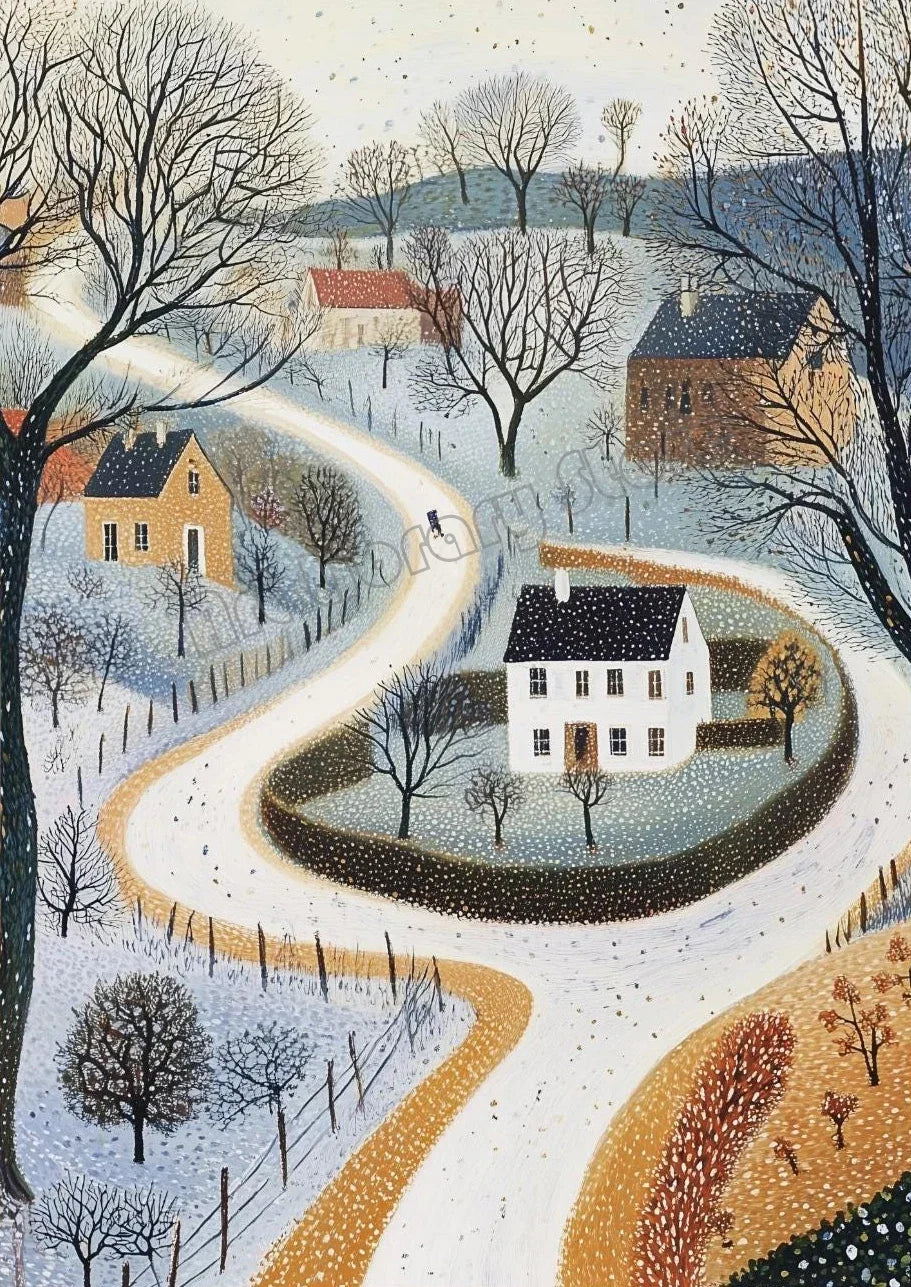 Snowy Christmas Village Canvas Wall Art | Unframed Holiday Print