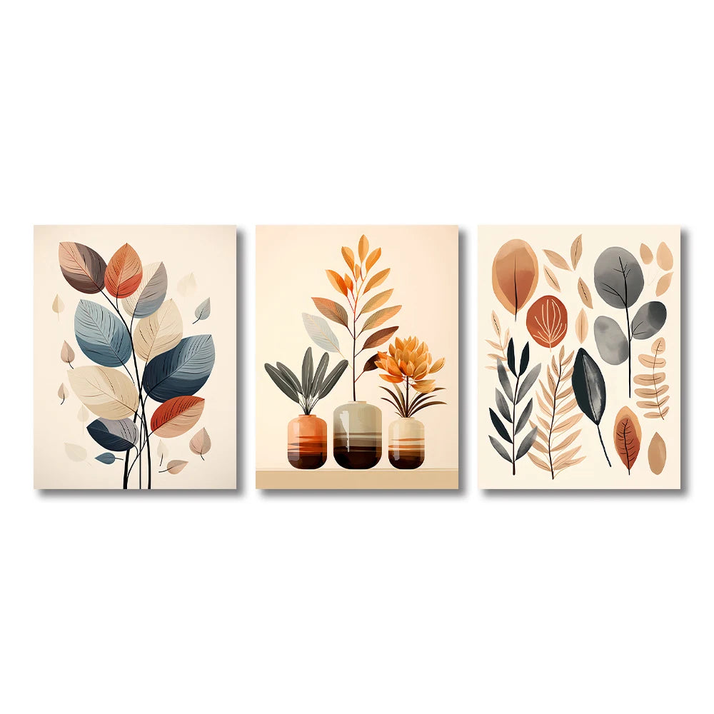 3 Sets of Retro Leaf Canvas Painting Wall Art Watercolor Vase Simple Abstract Poster and Printmaking for Living Room Decoration Peaceful Pleasures Health and Wellness PC 84530 30x40cm No Frame
