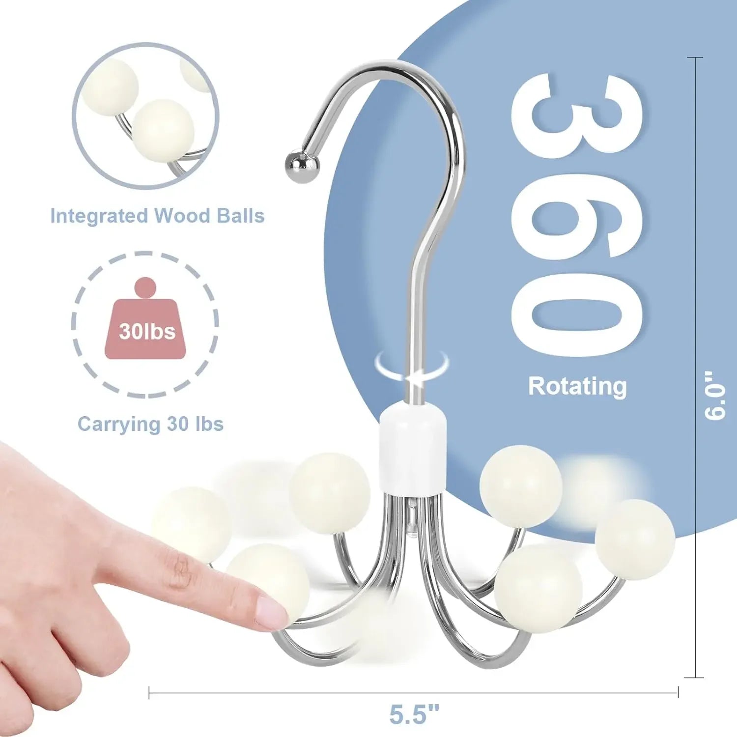 6-Hook Rotating Closet Organizer with Wood Balls for Hoodies, Purses, Scarves, and Accessories Peaceful Pleasures Health and Wellness