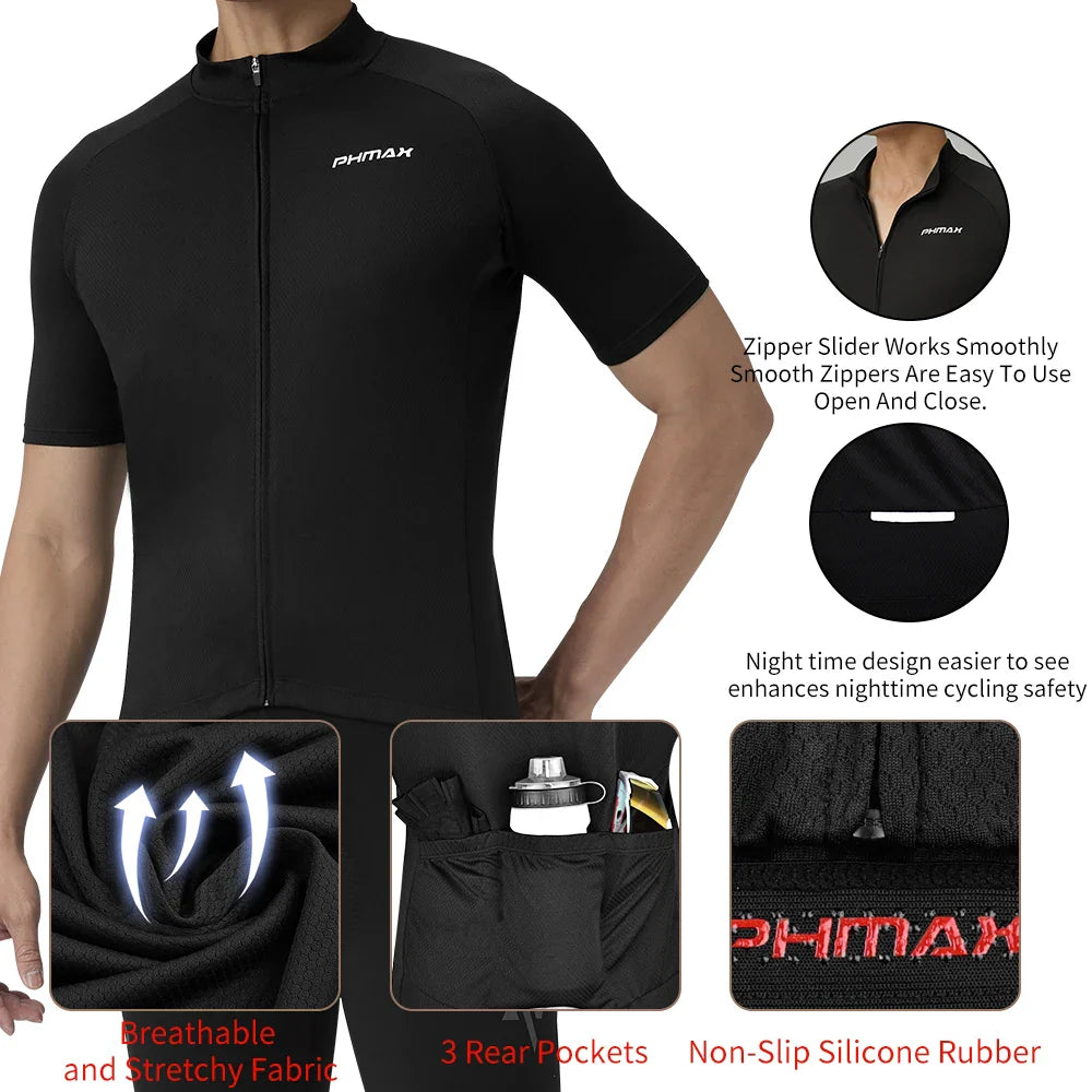 PHMAX Men's Black Cycling Jersey – Short Sleeve, UV Protection