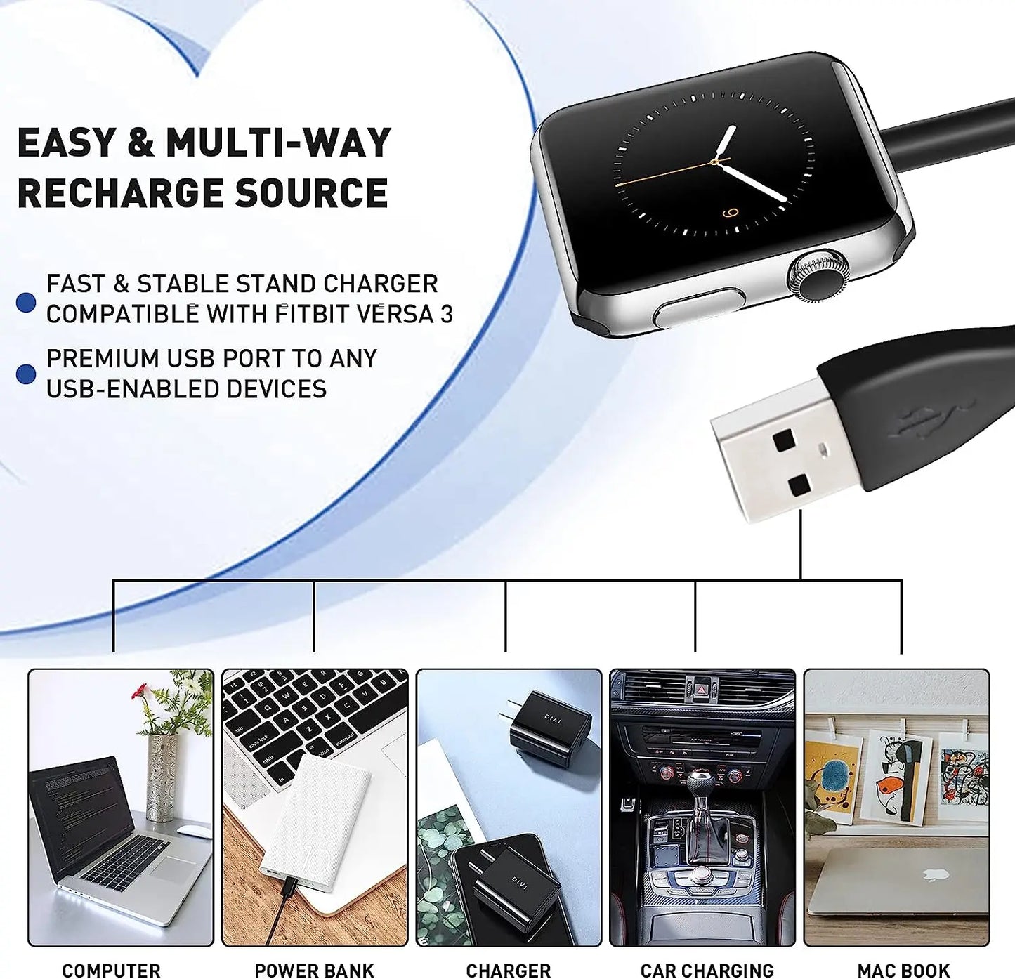 Fitbit Versa 1 Replacement USB Charger Dock – 3.3FT