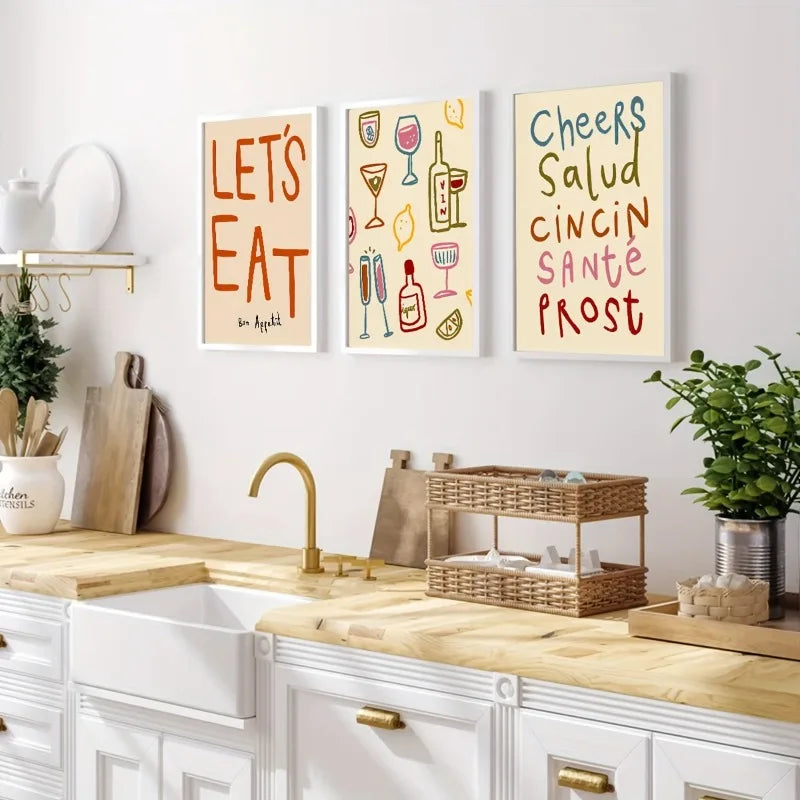 3-Piece Art Deco Minimalist Kitchen Canvas Wall Art | Letter Print Canvas Wall Art Set Peaceful Pleasures Health and Wellness
