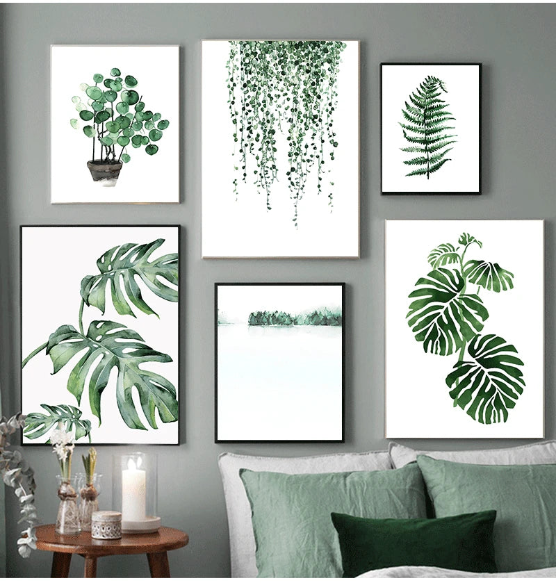 Wall Art Paintings for Living Room Home Decor Scandinavian Style Tropical Plants Poster Green Leaves Decorative Picture Modern Peaceful Pleasures Health and Wellness