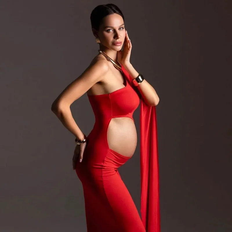 One Shoulder Red Maternity Dress Photoshoot - Sexy Hollow Out Gown, Baby Shower & Bold Pregnancy Photos,платье Для Беременных Peaceful Pleasures Health and Wellness