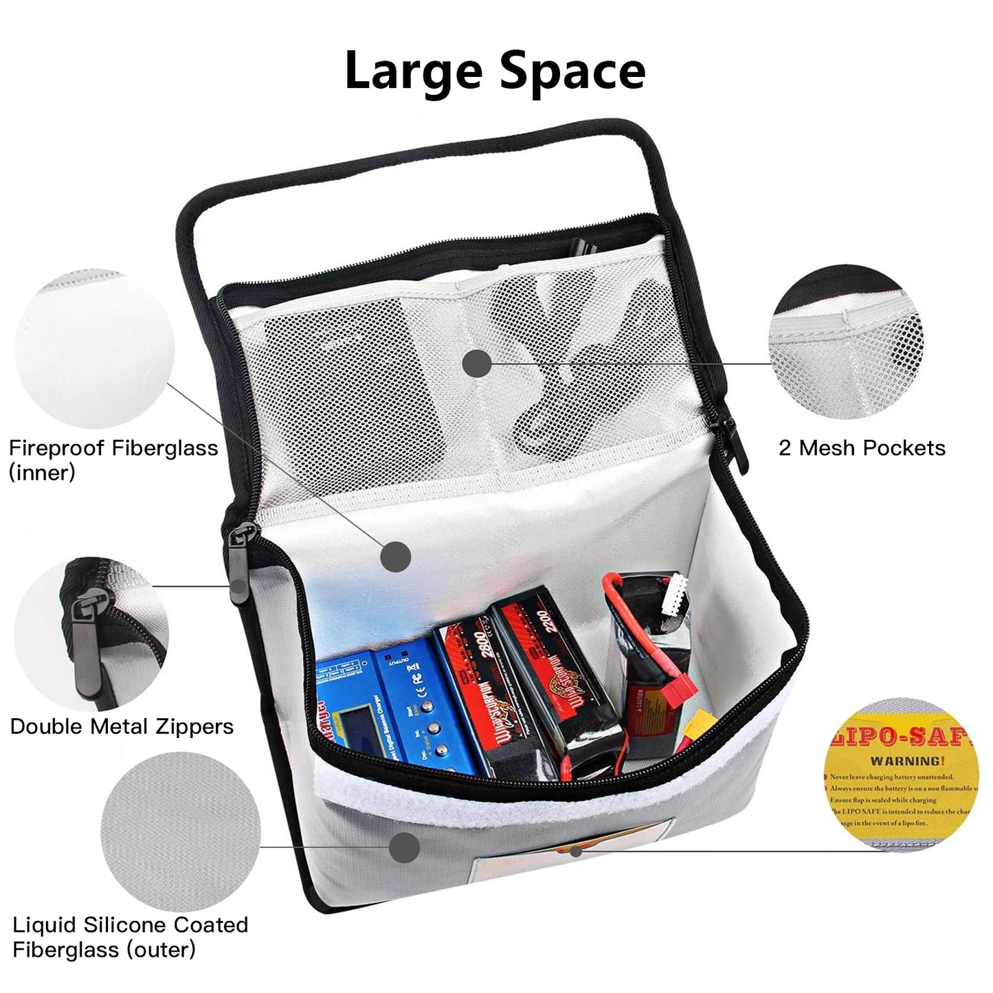 Fireproof LiPo Battery Safe Bag | 1000°C Double Zipper Protection