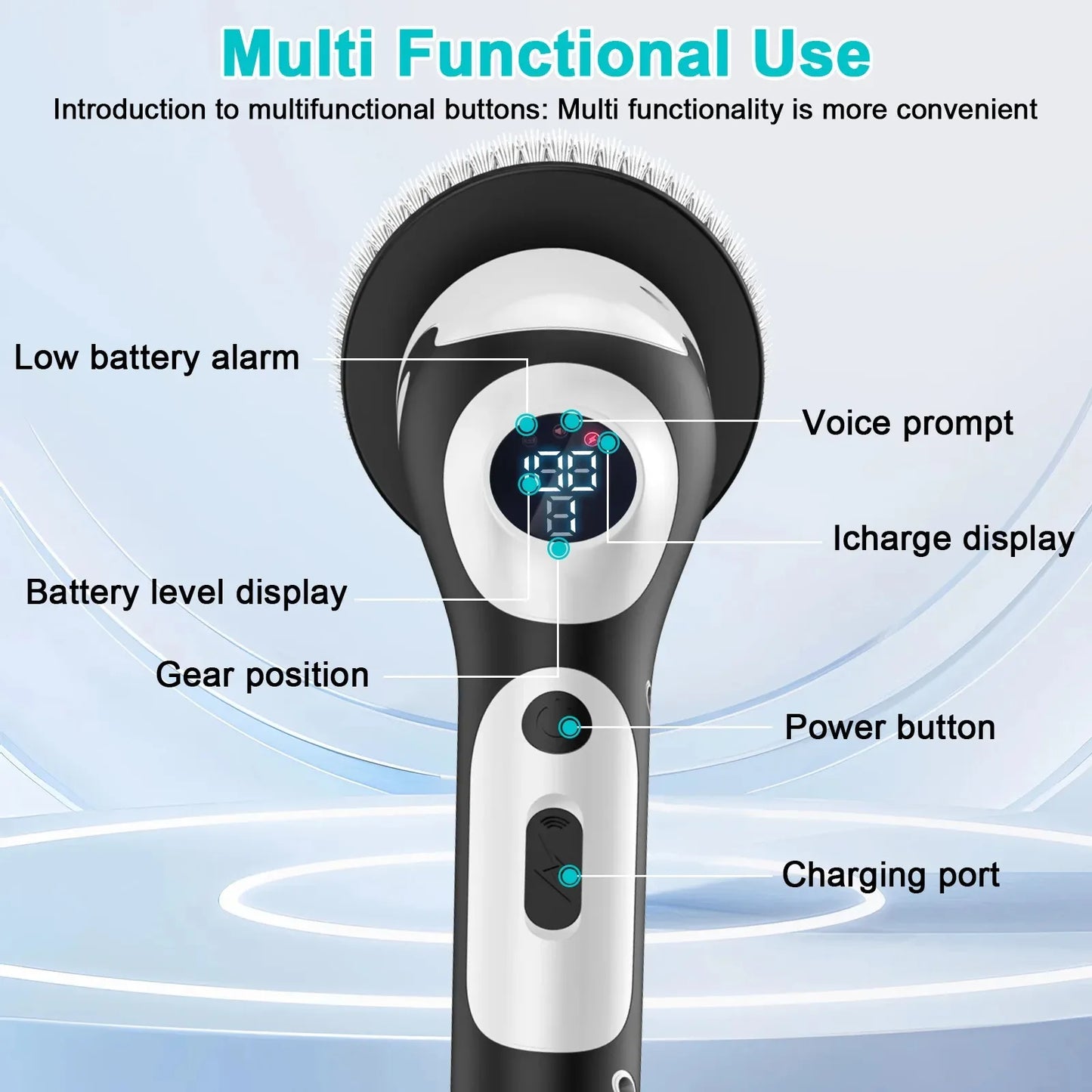 Rechargeable Multifunction Electric Cleaning Brush with Voice Smart Rotary Scrubber for Sink Tiles Pots Peaceful Pleasures Health and Wellness