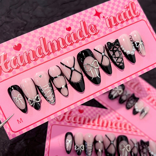 Handmade Press on Nails French 3D Black Bow False Nails Full Cover Wearable Spice Girls Sweet Cool Almond Shape Fake Nail Tips Peaceful Pleasures Health and Wellness