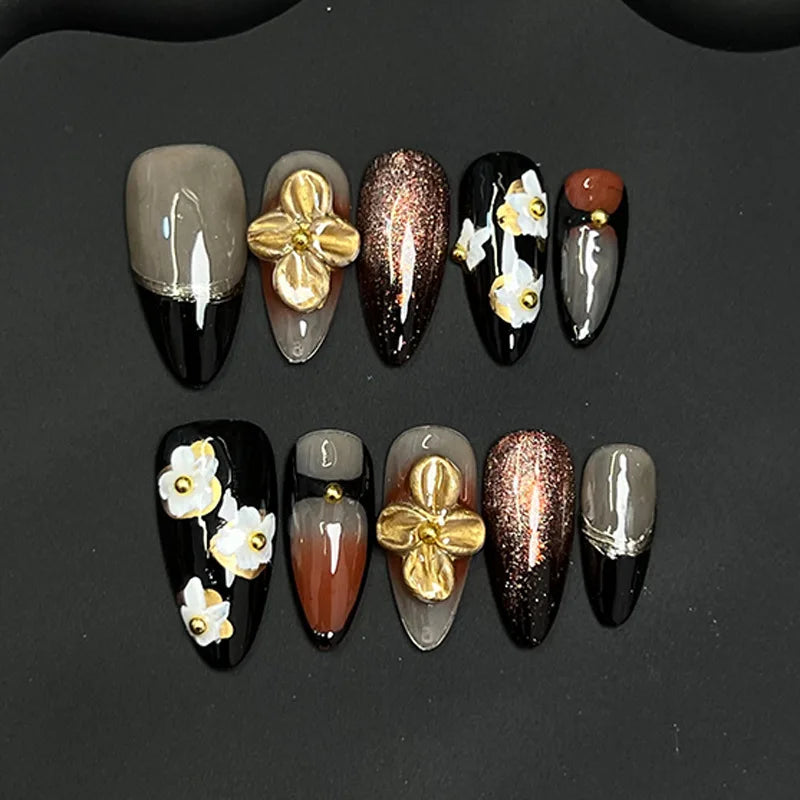 Handmade Press on Nails 3D Hand-carved Petals Decor False Nail Tips Reusable Wearable Retro European French Almond Fake Nails Peaceful Pleasures Health and Wellness