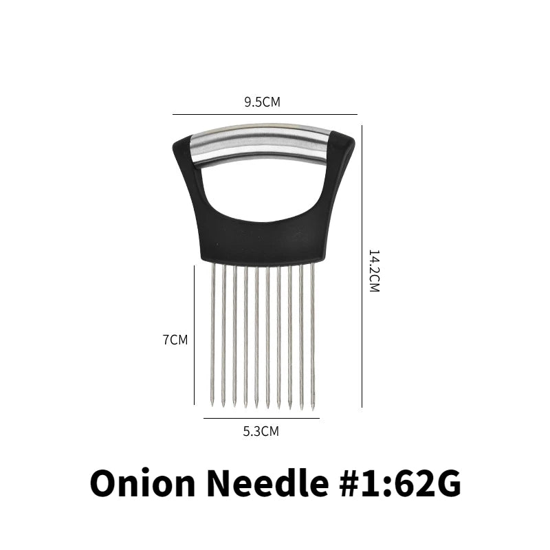 Stainless Steel Onion Cutter Holder Food Slicers Assistant Tomato Onion Slicer Holder Vegetables Cutting Fork Kitchen Gadgets Peaceful Pleasures Health and Wellness Black
