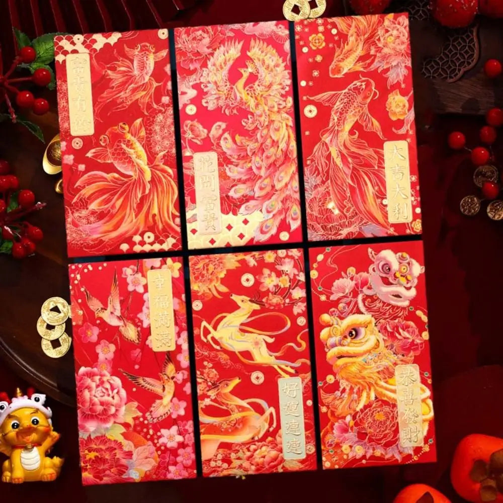 6pcs Hot Stamping Chinese New Year Red Envelope Rectangular Mixed Pattern Red Packet Thickened Solid Lucky Money Bag Peaceful Pleasures Health and Wellness