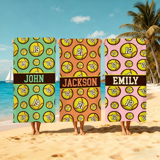 Custom Softball Team Quick-Dry Beach Towel | Sports & Travel Sports Beach Towel Peaceful Pleasures Health and Wellness