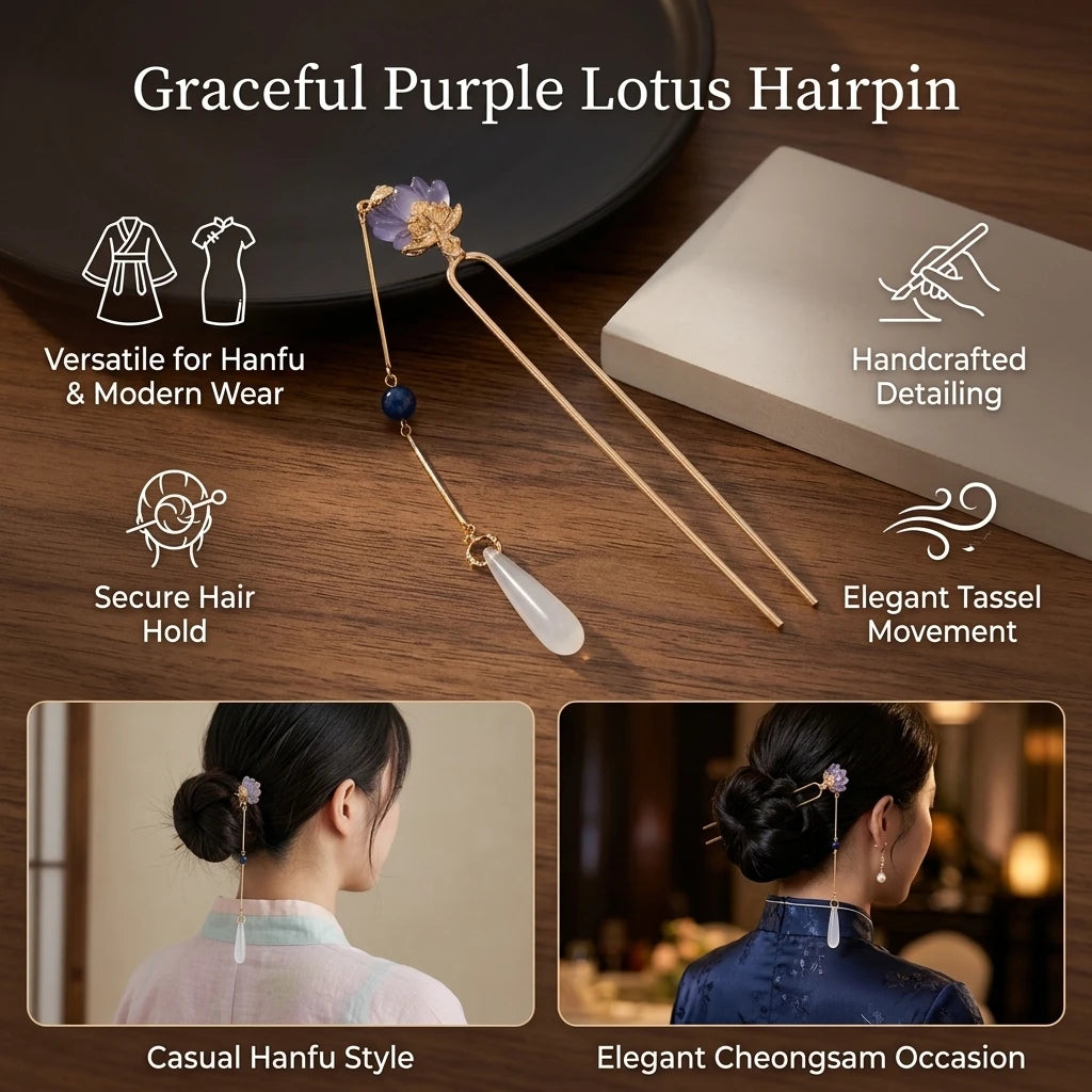 Purple-Lotus Tassel Hairpin For Hanfu Cheongsam Traditional Hairstyle Accessory Peaceful Pleasures Health and Wellness