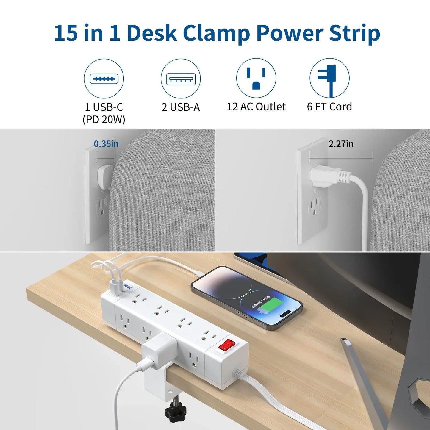 PASSUS 3-Way Power Strip with PD20W Fast Charging & Safety Switch Peaceful Pleasures Health and Wellness