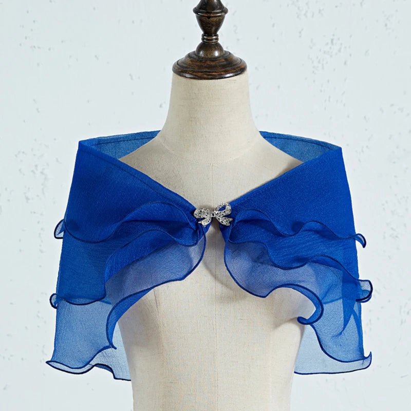 Women Vintage Layered Gauze Shawl Wrap Shrug Rhinestone Buckle Front Wedding Dress Cover Up Sexy Off Shoulder Ruffles Bolero New Peaceful Pleasures Health and Wellness Blue One Size