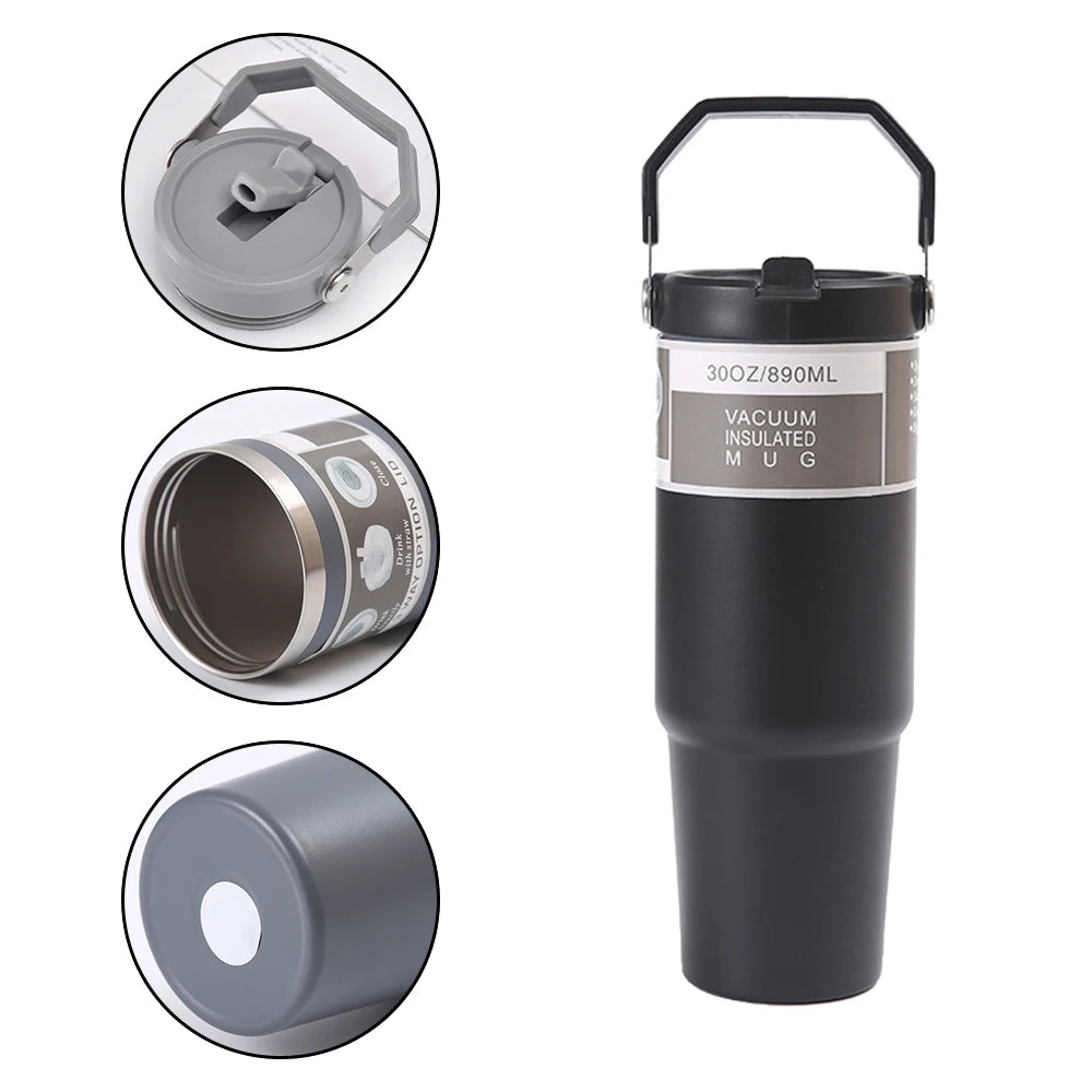 30OZ Portable Car Cup Stainless Steel Thermos Cup with Straw Travel Sports Water Bottle With Handle Cover Coffee Vacuum Flask Peaceful Pleasures Health and Wellness