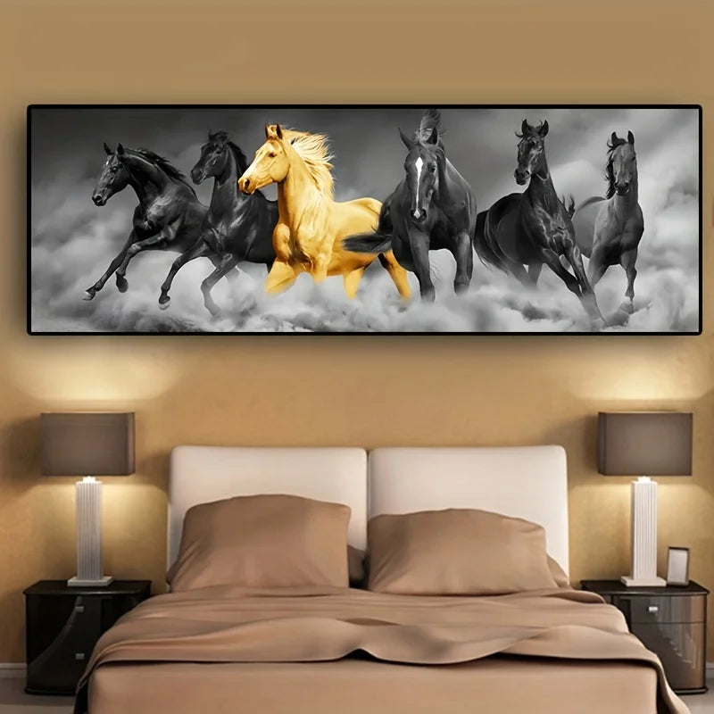 1pc, Golden Six Running Horses Canvas Painting Wall Art for Home Decor, and Bedroom Decor for Animal Lovers and Art Enthusiasts Peaceful Pleasures Health and Wellness