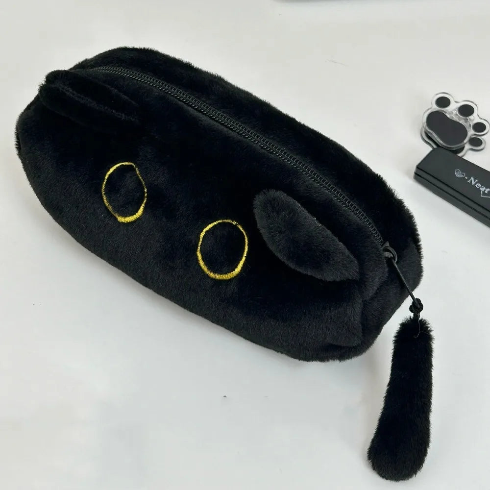 Animal Cat Pencil Case Large Capacity Zipper Closure Black Cat Pen Bag Cute Design Soft Touch Stationery Storage Bag Peaceful Pleasures Health and Wellness With tail