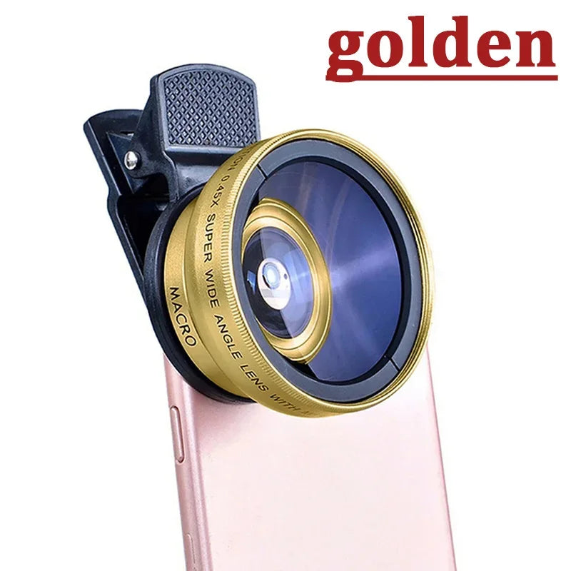 2 IN 1 Lens Universal Clip 37mm Mobile Phone Lens Professional 0.45X 49uv Super Wide-Angle + Macro HD Lens For iPhone Android Peaceful Pleasures Health and Wellness Golden
