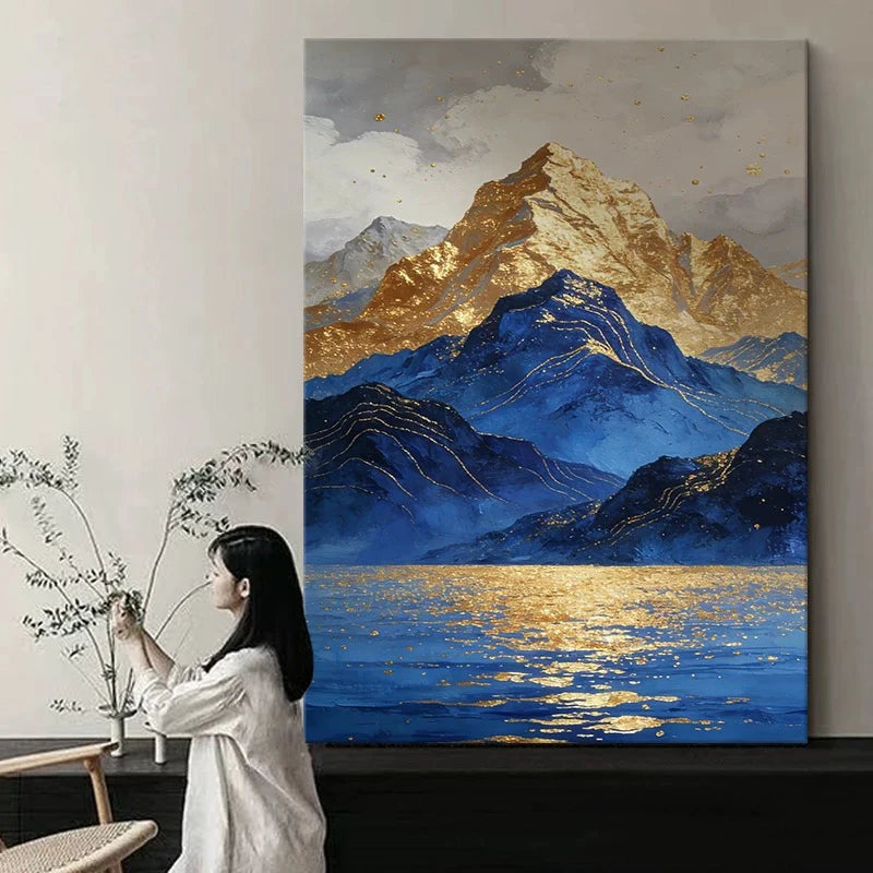 Hand Painted Canvas Oil Painting Abstract Gold And Blue Mountains Poster Wall Art Picture Home Decor Hang Mural For Living Room Peaceful Pleasures Health and Wellness