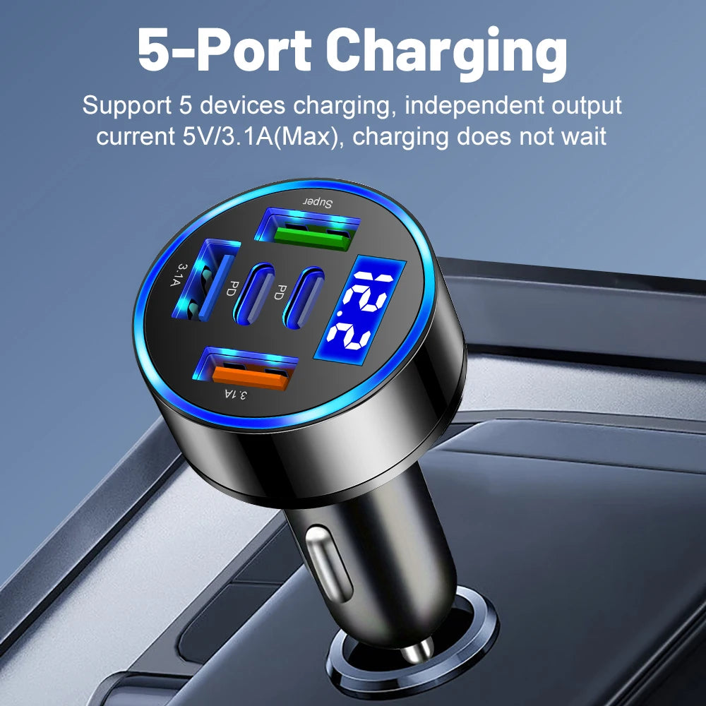 5-in-1 Car Charger 100W PD QC 3.0 Fast Charge USB-C 5-Port