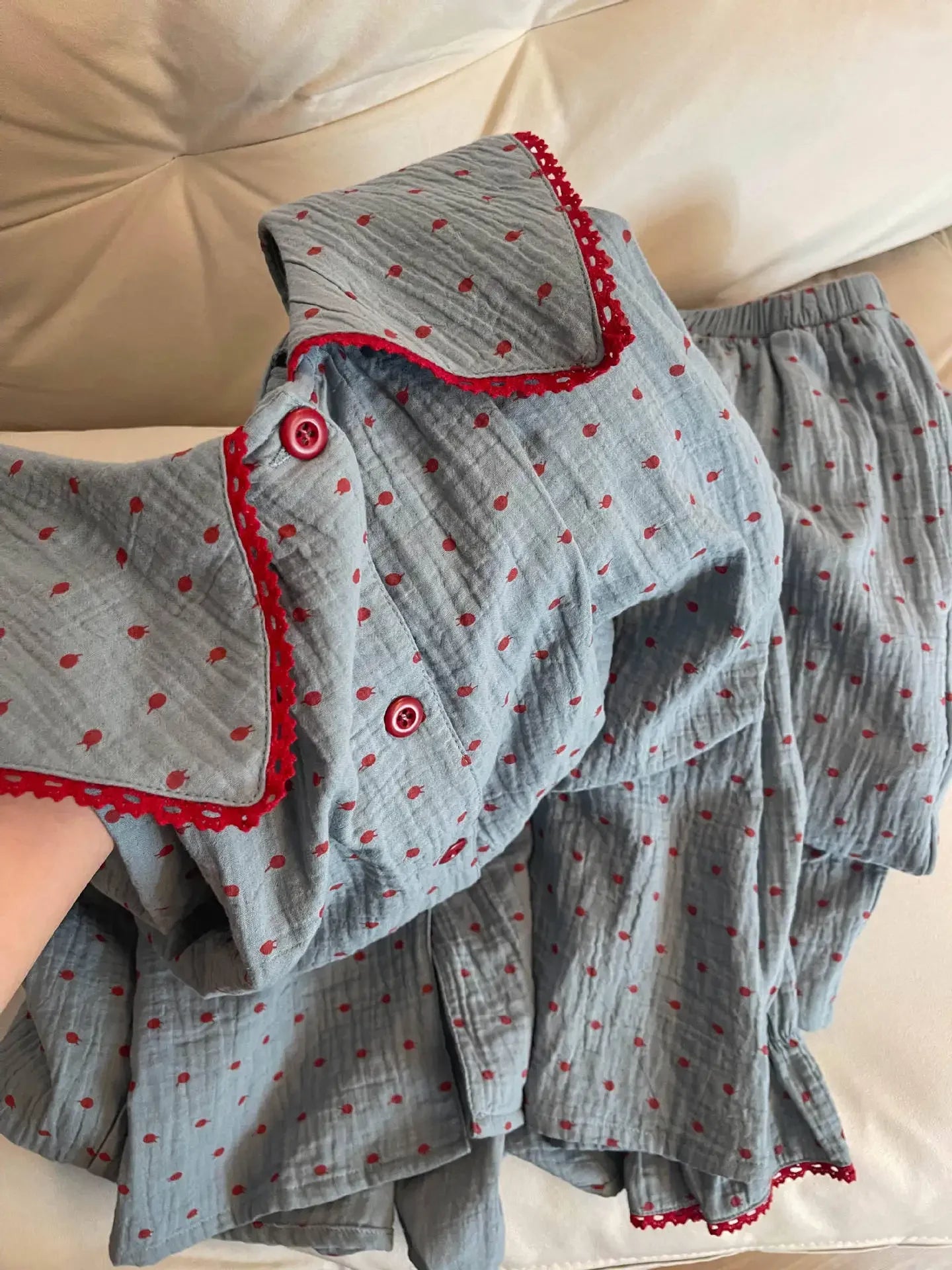 New Korean Style Cute Polka Dot Baby Doll Collar Pajamas Autumn Cloud Cotton Loose Long Sleeves Student Dormitory Home Wear Set Peaceful Pleasures Health and Wellness