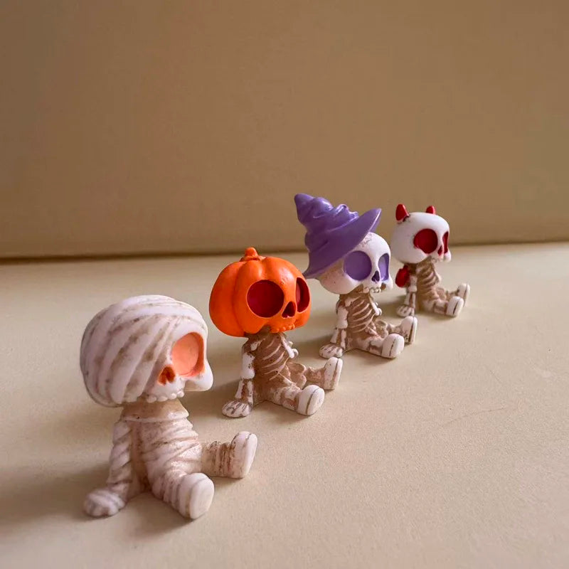 4-Piece Halloween Mini Figurines – Resin Pumpkins Ghosts Skulls